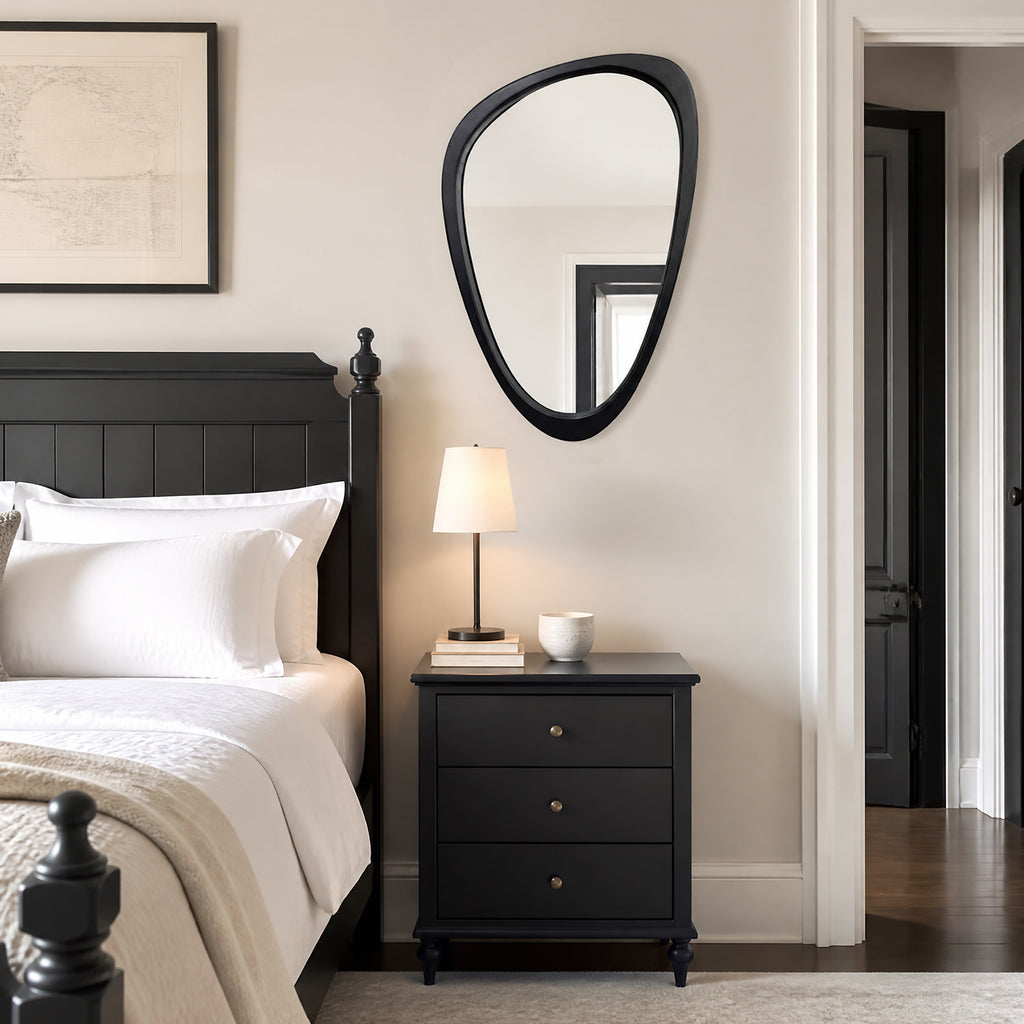 Organic Pebble Solid Wood Wall Mirror 30" x 20" Matte Black Asymmetric Accent Mirror