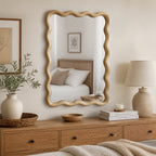 Natural Wood 20" x 30" Wavy Rectangle Solid Wood Wall Mirror for Bathroom, Bedroom & Entryway
