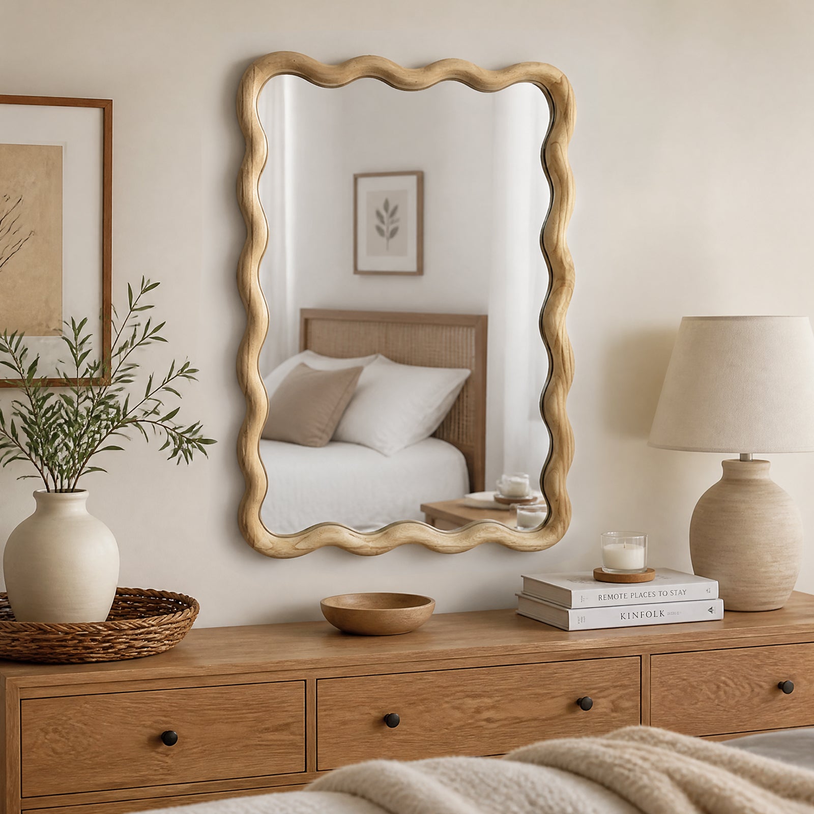 Natural Wood 20" x 30" Wavy Rectangle Solid Wood Wall Mirror for Bathroom, Bedroom & Entryway