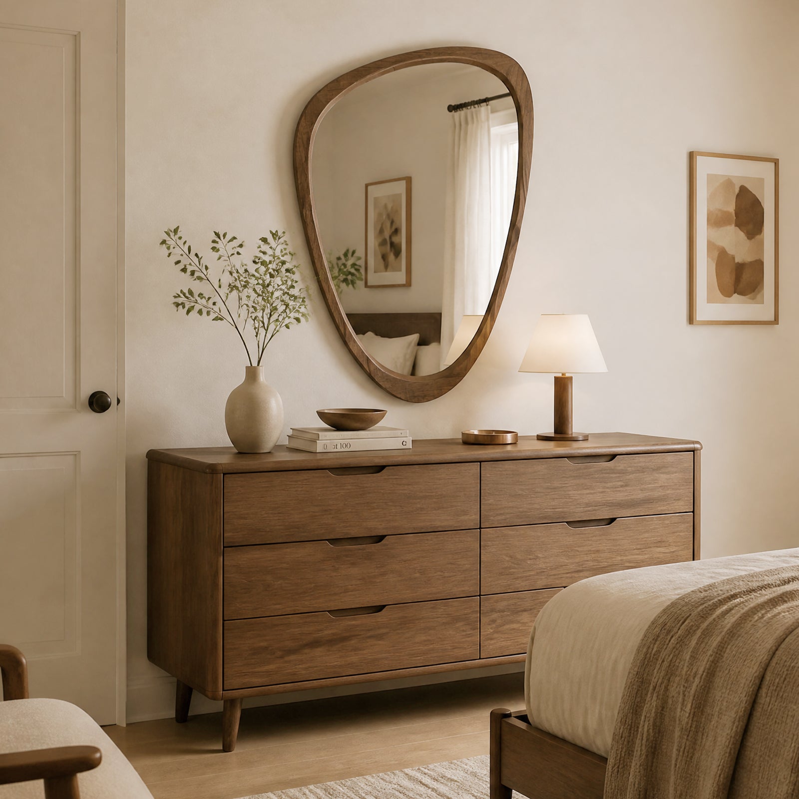 Irregular Solid Wood Wall Mirror, Asymmetrical Mid Century Modern Decorative Mirror for Entryway, Bedroom, Bathroom Vanity