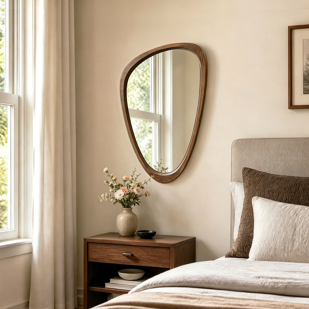 Organic Asymmetrical Solid Wood Wall Mirror in Warm Walnut Finish (30" x 20")