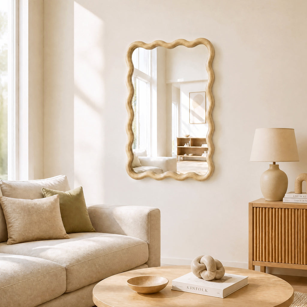 24"x36" Wavy Rectangle Solid Wood Frame Decorative Mirror - Natural Oak
