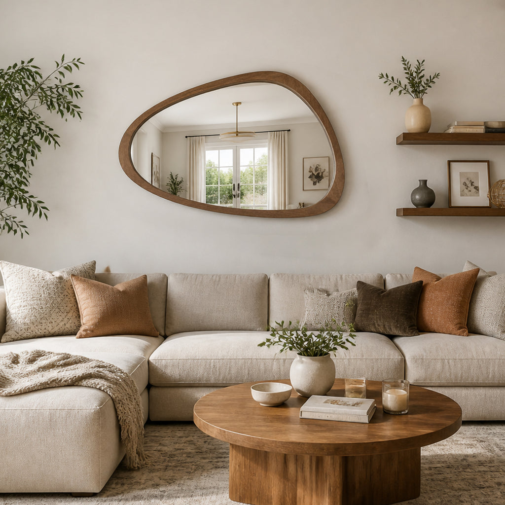 Irregular Solid Wood Wall Mirror, Asymmetrical Mid Century Modern Decorative Mirror for Entryway, Bedroom, Bathroom Vanity