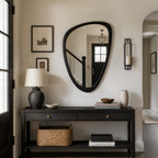 Mid-Century Modern Irregular Wall Mirror, Organic Asymmetrical Pebble Mirror with Black Solid Wood Frame (24" x 36")
