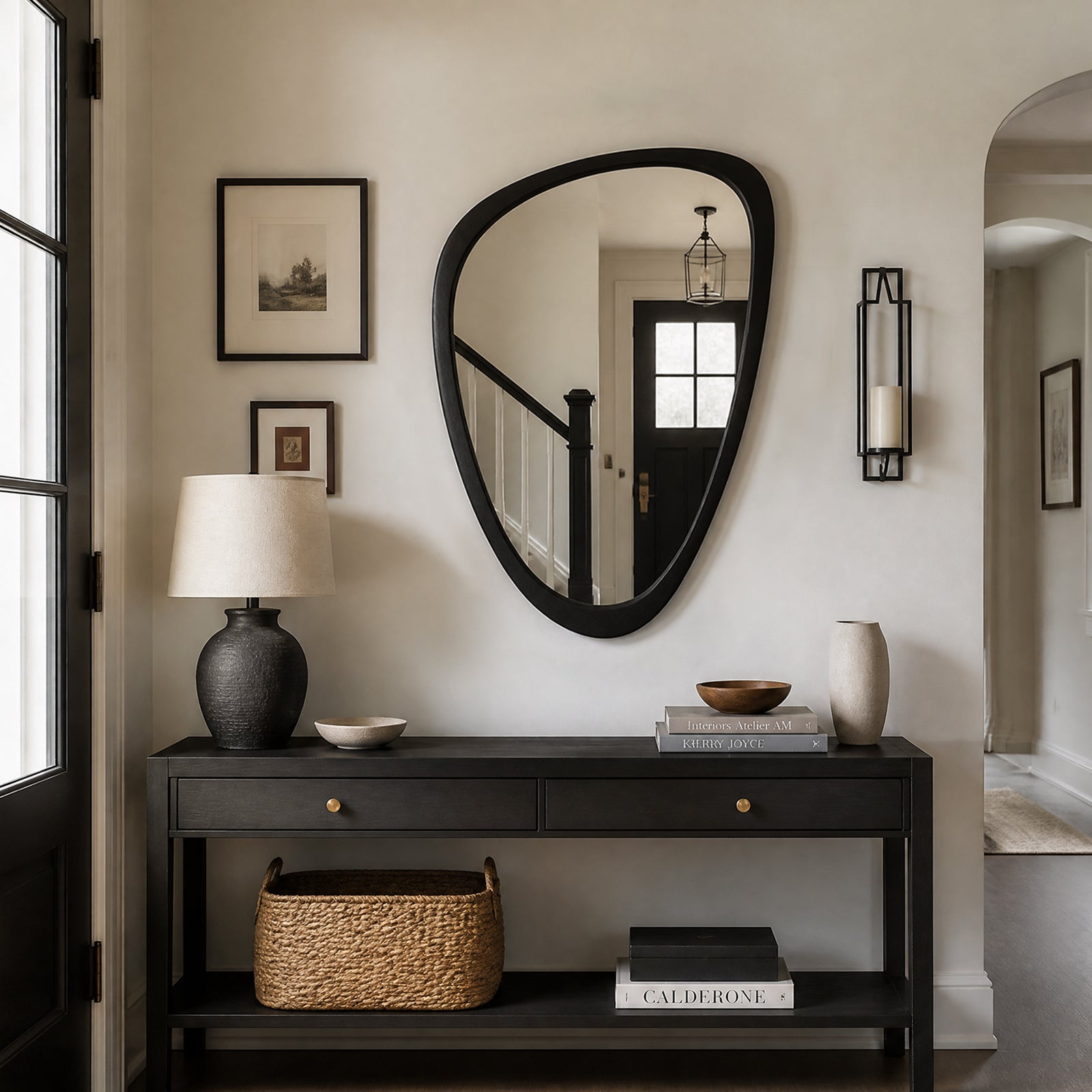 Mid-Century Modern Irregular Wall Mirror, Organic Asymmetrical Pebble Mirror with Black Solid Wood Frame (24" x 36")