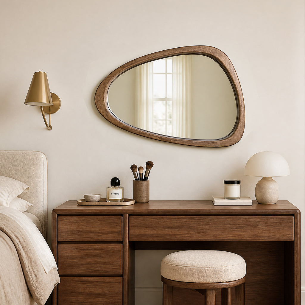 Organic Asymmetrical Solid Wood Wall Mirror in Warm Walnut Finish (30" x 20")
