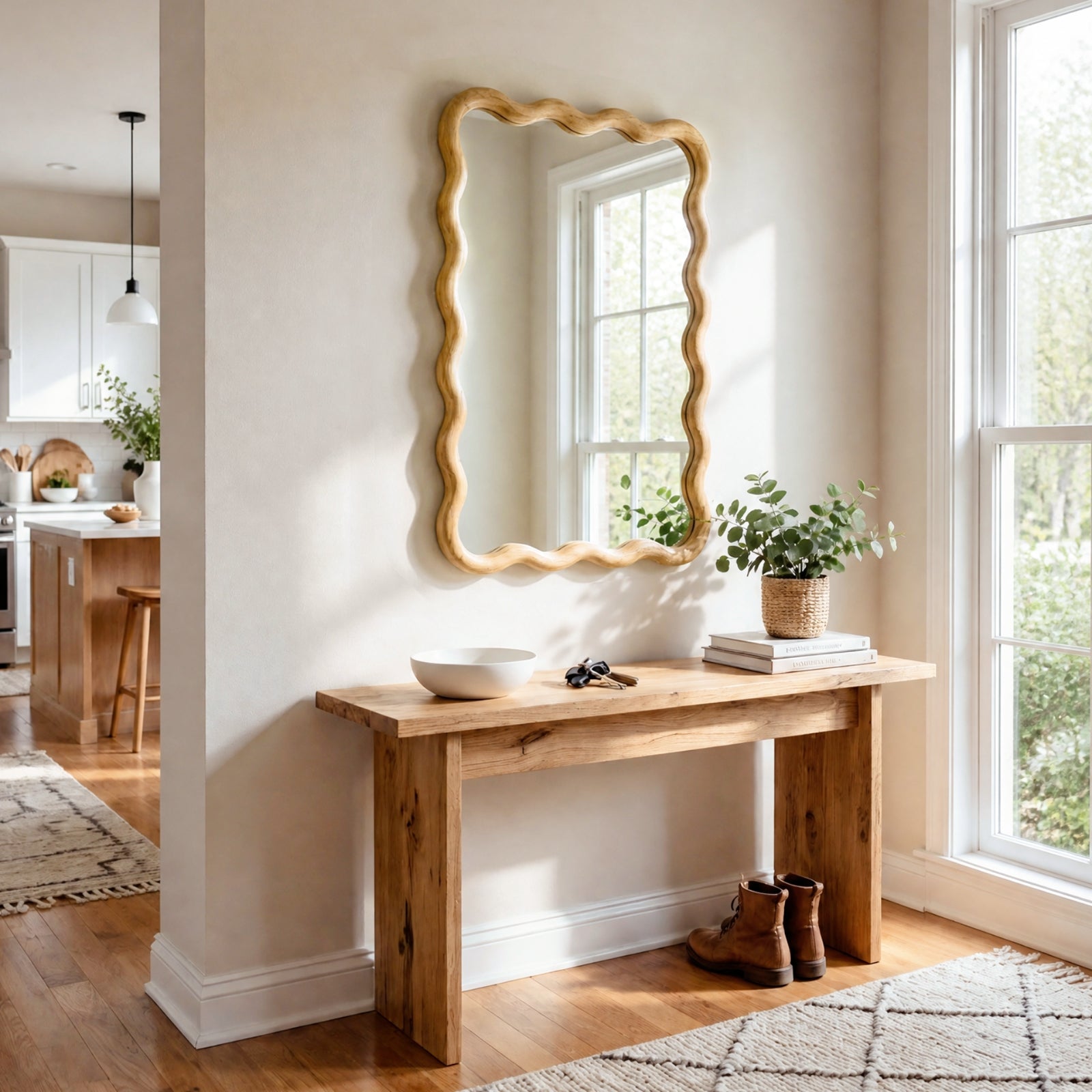 24"x36" Wavy Rectangle Solid Wood Frame Decorative Mirror - Natural Oak