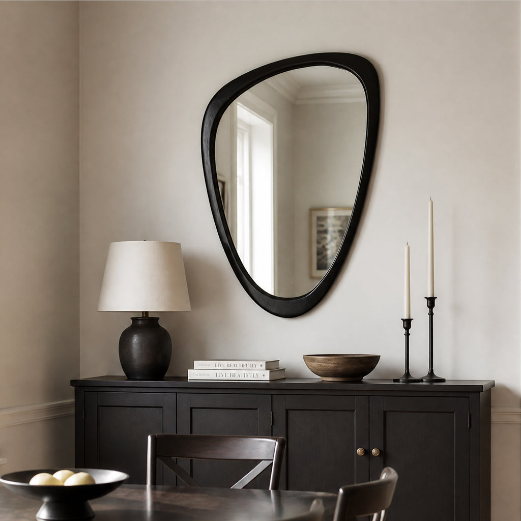 Mid-Century Modern Irregular Wall Mirror, Organic Asymmetrical Pebble Mirror with Black Solid Wood Frame (24" x 36")