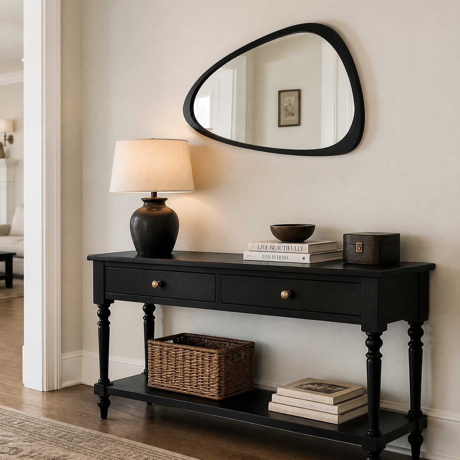 Organic Pebble Solid Wood Wall Mirror 30" x 20" Matte Black Asymmetric Accent Mirror