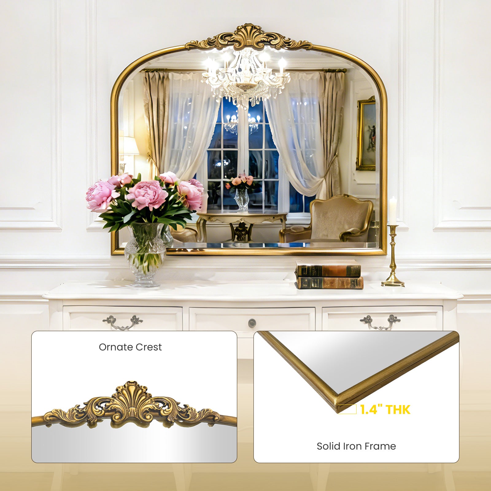 Vintage Gold Wall Mirror 36" x 30" Antique Ornate Crest