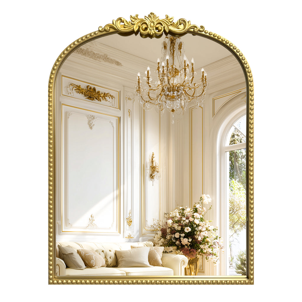 24"x32" Antique Gold Ornate Baroque Arched Mirror, Beaded Frame for Bathroom, Entryway, Mantel