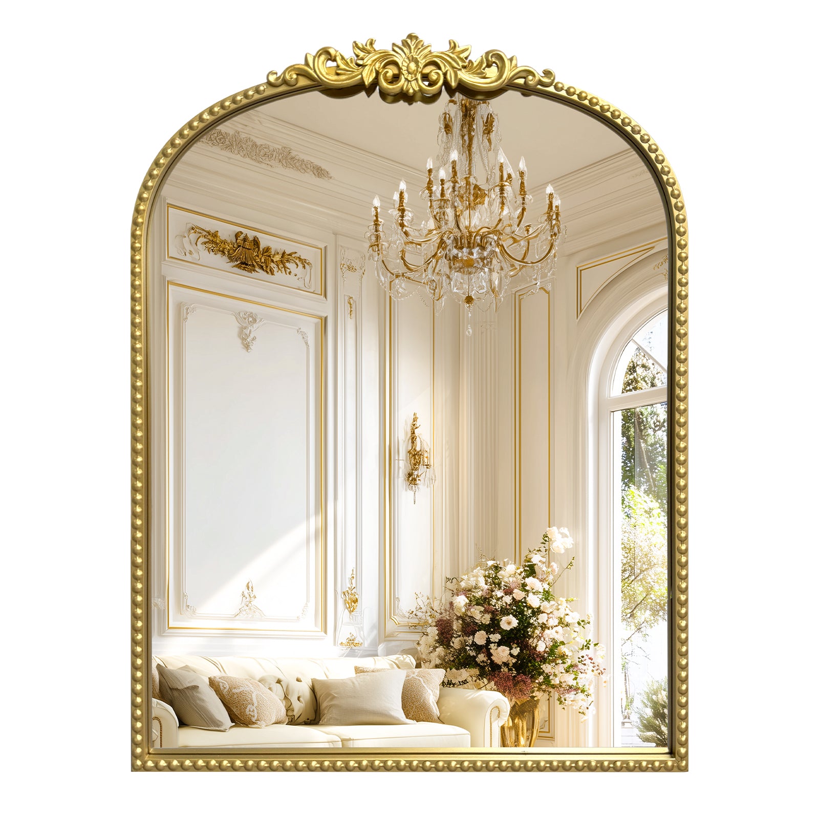 24"x32" Antique Gold Ornate Baroque Arched Mirror, Beaded Frame for Bathroom, Entryway, Mantel