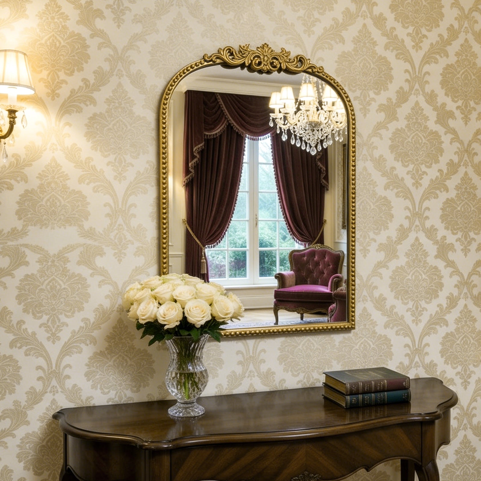 24"x32" Antique Gold Ornate Baroque Arched Mirror, Beaded Frame for Bathroom, Entryway, Mantel