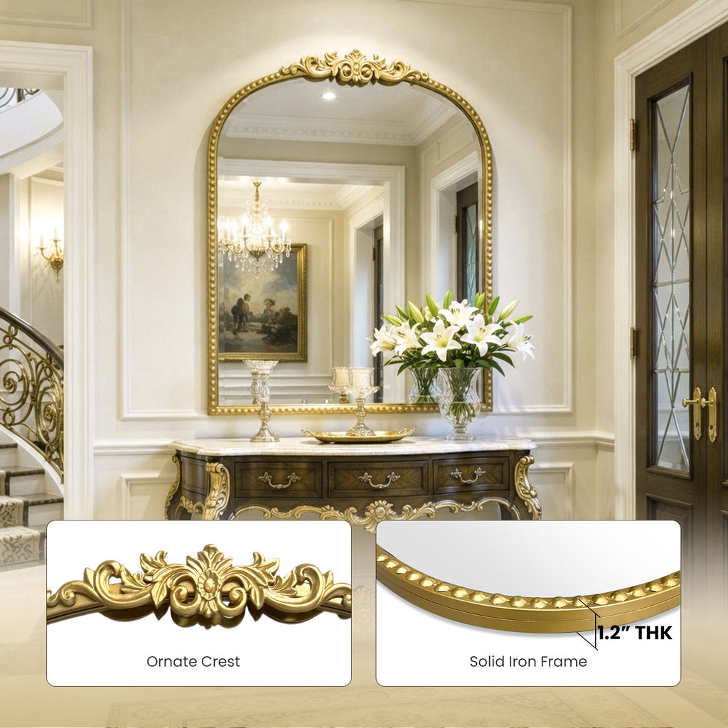 24"x32" Antique Gold Ornate Baroque Arched Mirror, Beaded Frame for Bathroom, Entryway, Mantel