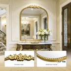 24"x32" Antique Gold Ornate Baroque Arched Mirror, Beaded Frame for Bathroom, Entryway, Mantel