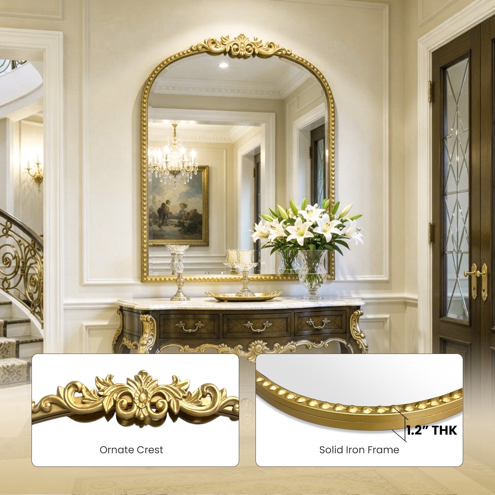 24"x32" Antique Gold Ornate Baroque Arched Mirror, Beaded Frame for Bathroom, Entryway, Mantel