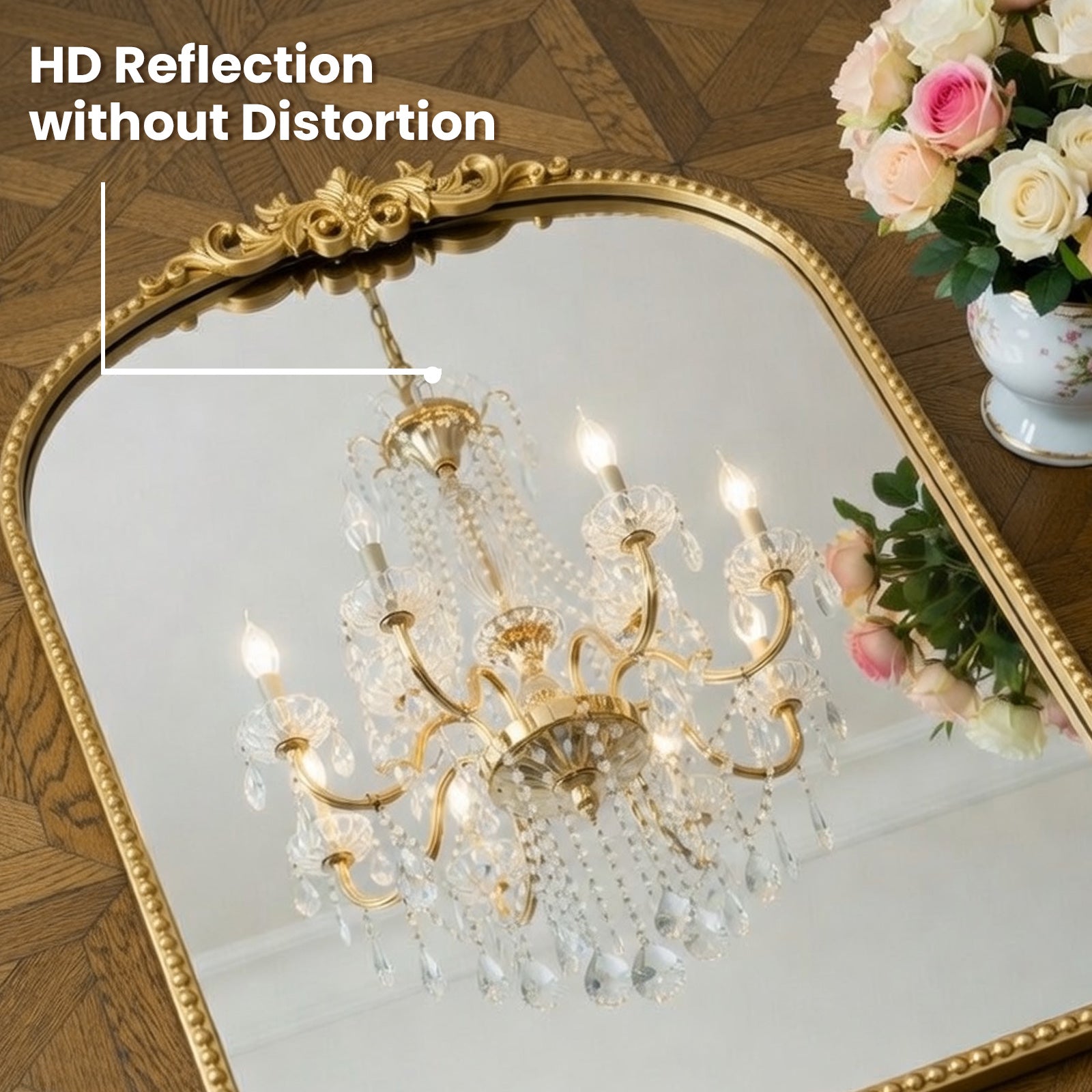 24"x32" Antique Gold Ornate Baroque Arched Mirror, Beaded Frame for Bathroom, Entryway, Mantel