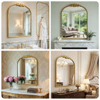 24"x32" Antique Gold Ornate Baroque Arched Mirror, Beaded Frame for Bathroom, Entryway, Mantel
