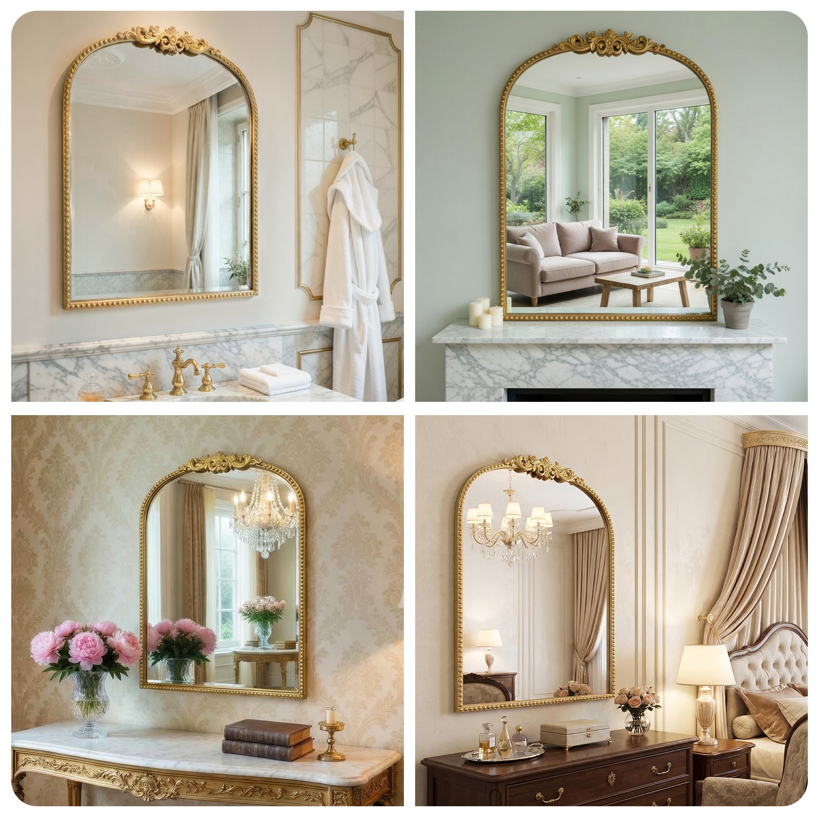 24"x32" Antique Gold Ornate Baroque Arched Mirror, Beaded Frame for Bathroom, Entryway, Mantel